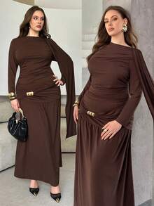 Modelyn Vestido de manga larga con diseño de pliegues para mujer de talla grande en otoño