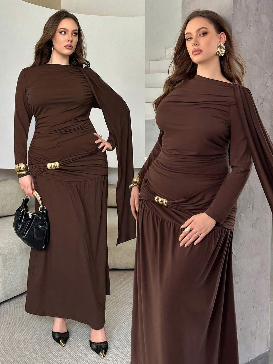 Modelyn Vestido de manga larga con diseño de pliegues para mujer de talla grande en otoño