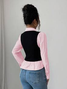 SHEIN Elenzya Women's Ribbed Patchwork Fuzzy Textured Ribbed Fabric Collared V-Neck Waist Cinched Design Patchwork Elegant Long Sleeve Blouse - Pink - View 2