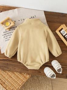 SHEIN Baby Girl Autumn/Winter English Letter Embroidery Casual Bodysuit, Fashion Must-Have Outfit - Khaki - View 2