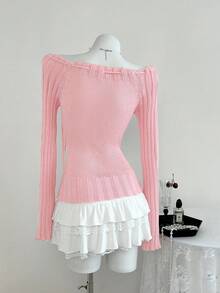 Flirla Sweet & Versatile Solid Color Lace-Up Fitted Sweater Knit Pullover Fall Winter - Pink - View 2