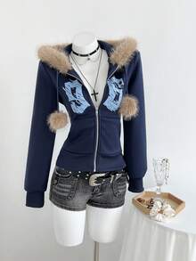 Elamini Áo sweatshirt dài tay ôm dáng màu xanh hải quân in số 96, cổ lông xù, có quả bông trang trí, khóa kéo phía trước, dành cho nữ, phong cách thường ngày, đa năng, phù hợp cho mùa thu/đông, tối giản. - Màu xanh hải quân - Xem 8