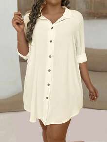 EMERY ROSE Cămașă de damă mărime mare, cu mânecă raglan, culoare solidă, cu un singur nasture, casual, lejeră