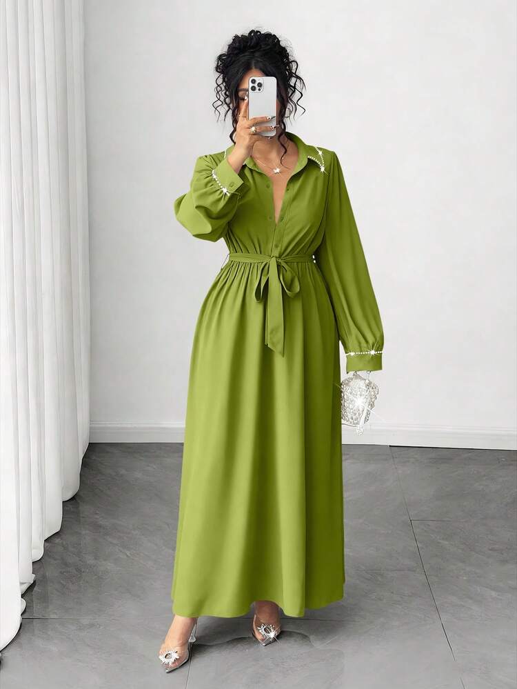 Elenzga Đầm sơ mi thanh lịch tay dài màu trơn cỡ lớn dành cho nữ, thiết kế thắt lưng đơn hàng khuy - màu xanh lá - Xem 4