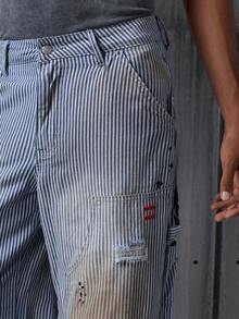 NEON BLANC Men's Pocket Striped Distressed Wide Leg Loose Casual Jeans - Baby Blue - View 4