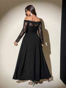 Viva Relle فستان طويل الأكمام مصنوع من الشبكة ضيق مناسب للمقاسات الكبيرة مع كتف مكشوف - الأسود - مشاهدة 3