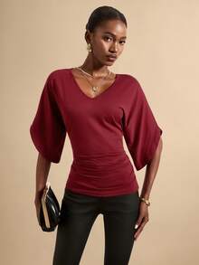 Vesra Women's Solid Color Casual Cinched Waist Fashionable Batwing Sleeve V-Neck Short Sleeve T-Shirt - Burgundy - View 4