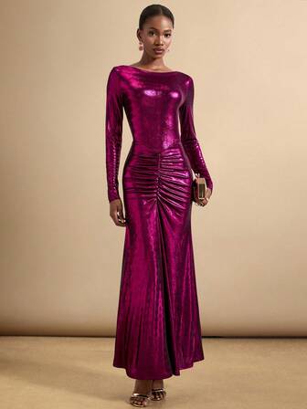 SHEIN Veneréa Women's Boat Neck Long Sleeve Metallic Waist Ruched Dress