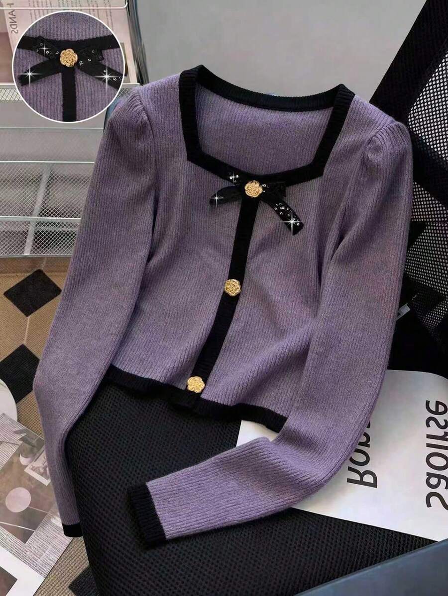 GlowEve 时尚新款秋冬撞色方领泡泡袖亮片蝴蝶结玫瑰金属纽扣针织二合一短款女式T恤，适合派对、节日、圣诞节、万圣节、度假、约会等场合。 - 淡紫色 - 查看 1