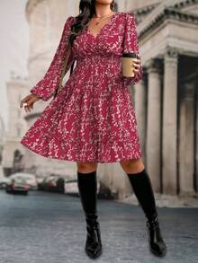 SHEIN LUNE Plus Size Women Floral Print Long Sleeve Ruffle Hem Dress, Autumn - Hot Pink - View 3