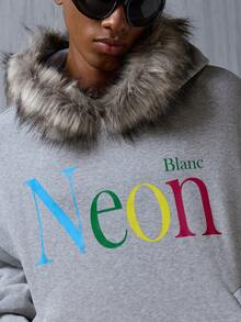 NEON BLANC Felpa da uomo a maniche lunghe con motivo, moda con cappuccio in pile, ampia, con cappuccio corto - Grigio - Visualizzare 6