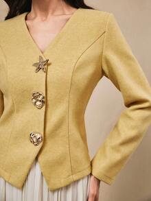 Omancia Women's Elegant Coat With Decorative Buttons, Waist Cinched Design, Suitable For Work, Dates, Afternoon Tea, Parties, Halloween, Thanksgiving, Teacher's Day - Yellow - View 7