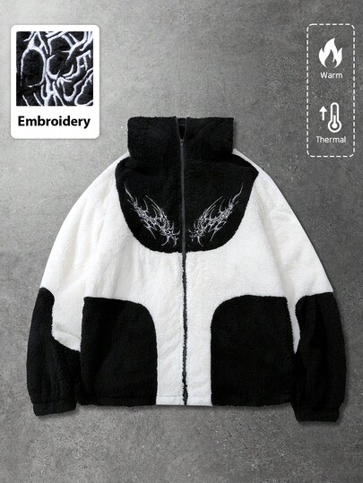 Street Life Gothic Patchwork Fluffy Embroidery Jacket Hooded Coat, Street Style, Autumn/Winter