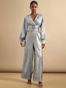 SHEIN Veneréa Women's Pleated Design Long Sleeve Cinched Waist Jumpsuit - Silver - View 5