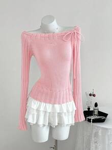 Flirla Sweet & Versatile Solid Color Lace-Up Fitted Sweater Knit Pullover Fall Winter - Pink - View 3