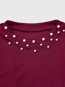 Vestido de cuero para niñas, cuello redondo, manga larga, textura acanalada + cuello con cuentas, estilo dulce de señorita, adecuado para otoño - Negro - Ver 4