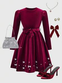 SHEIN Elladie kids Tween Girls Velvet Burgundy Crew Neck Long Sleeve Dress + Embellished Hem Design, Suitable For Autumn/Winter - Burgundy - View 5