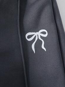 SHEIN Explorewe 2件套年轻女孩时尚深灰色蝴蝶结印花羊毛运动衫和阔腿裤套装，秋冬 - 灰色 - 查看 7