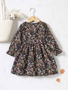 Young Girl Casual Vacation Style Ditsy Floral Ruffle Sleeve Waist Cinched Dress, Autumn/Spring - Black - View 2