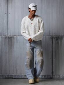 NEON BLANC Men's Pocket Striped Distressed Wide Leg Loose Casual Jeans - Baby Blue - View 5