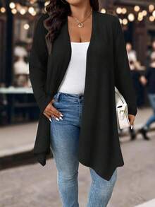 EMERY ROSE Cardigan Casual de Uso Diário Solto com Bainha Assimétrica Preta para Mulheres Plus Size - Preto - Visão 5