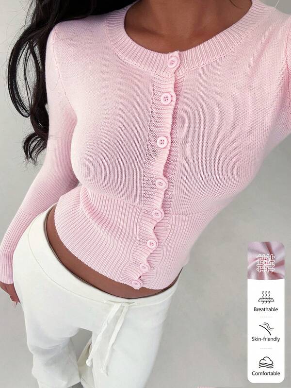 FavEase Women's Solid Color Casual Fitted Knit Cardigan, Versatile For Autumn