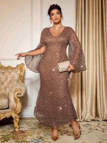 Cravure 加大码女式 V 领亮片网眼镂空荷叶边长袖紧身美人鱼中长连衣裙，适合派对和聚会 - 棕色 - 查看 4