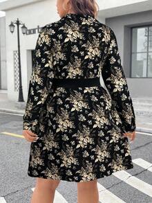 SHEIN Clasi Plus Size Long Sleeve Belt Buckle Decor Waist A-Line Minimalist Commuting Casual Midi Dress - Multicolor - View 2