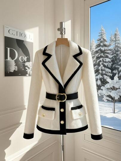 GlowEve Women's New White Lapel Waist Fluffy Thick Jacket, Autumn/Winter