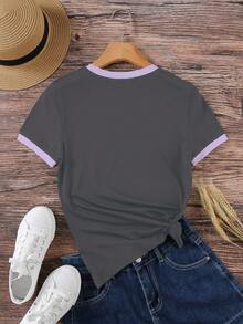 EMERY ROSE 女式拼色圆领短袖休闲百搭T恤 - 深灰色 - 查看 2