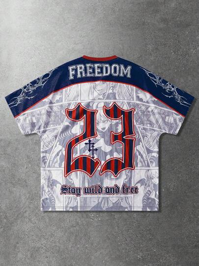 Anime Camiseta de manga corta con estampado de anime para hombres, adecuada para primavera/verano