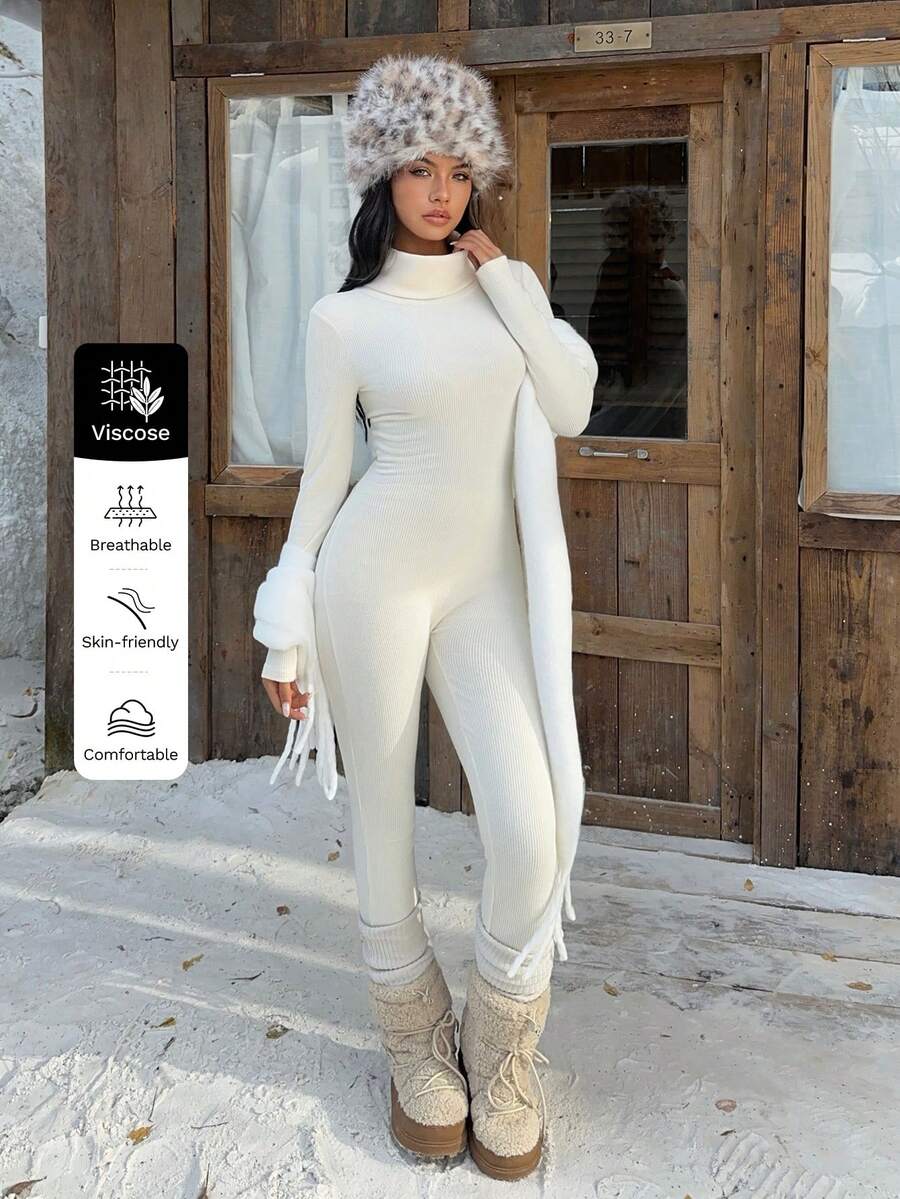 Flirla جمبسوت نسائية كاجوال بلون أحادي ذات رقبة عالية، خريف/شتاء - بيج - مشاهدة 1