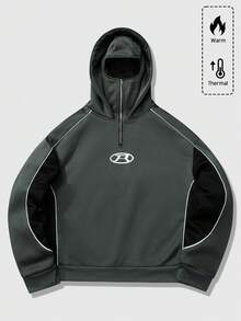 ROMWE MEN Street Life 男女通用连帽卫衣，带口罩，英文图案印花，秋冬休闲长袖上衣 - 深灰色 - 查看 4