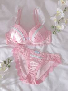 DelicateAllure 2pcs Contrast Color Satin 3/4 Cup Underwire Padded Push Up Balconette Bra Set,Ruchedd Trim, Bow Decor, Comfortable Triangle Cup Women Lingerie Set Pink Lingerie Kawaii Lingerie