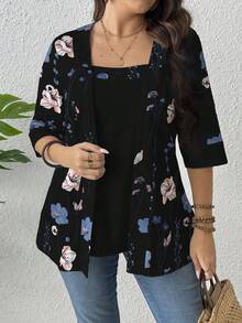 Camiseta gráfica de mujer de verano EMERY ROSE con estampado de hojas florales y parches, 2 en 1 - Negro - Ver 5