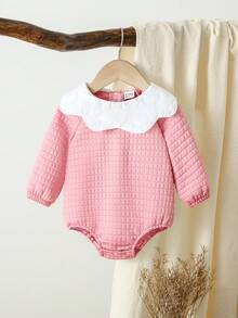 SHEIN Vintaside Kids 女婴简约时尚针织提花灯笼袖连体衣，适合外出和聚会，秋冬季 - 粉色 - 查看 4