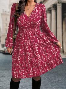 SHEIN LUNE Plus Size Women Floral Print Long Sleeve Ruffle Hem Dress, Autumn - Hot Pink - View 5