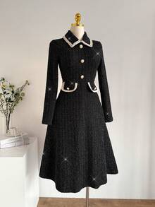 Celisse 女士优雅花卉蕾丝拼接长袖中长连衣裙 - 黑色 - 查看 5