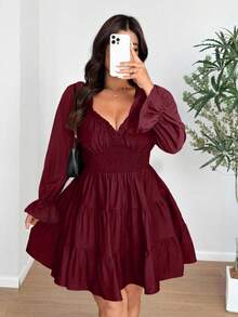 Vionelle Vestido de fiesta con mangas abullonadas, escote en V y ajuste ceñido para tallas grandes - Burdeos - Ver 5