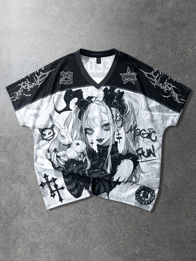 Men's Anime Print Short Sleeve T-Shirt, Suitable For Spring/Summer