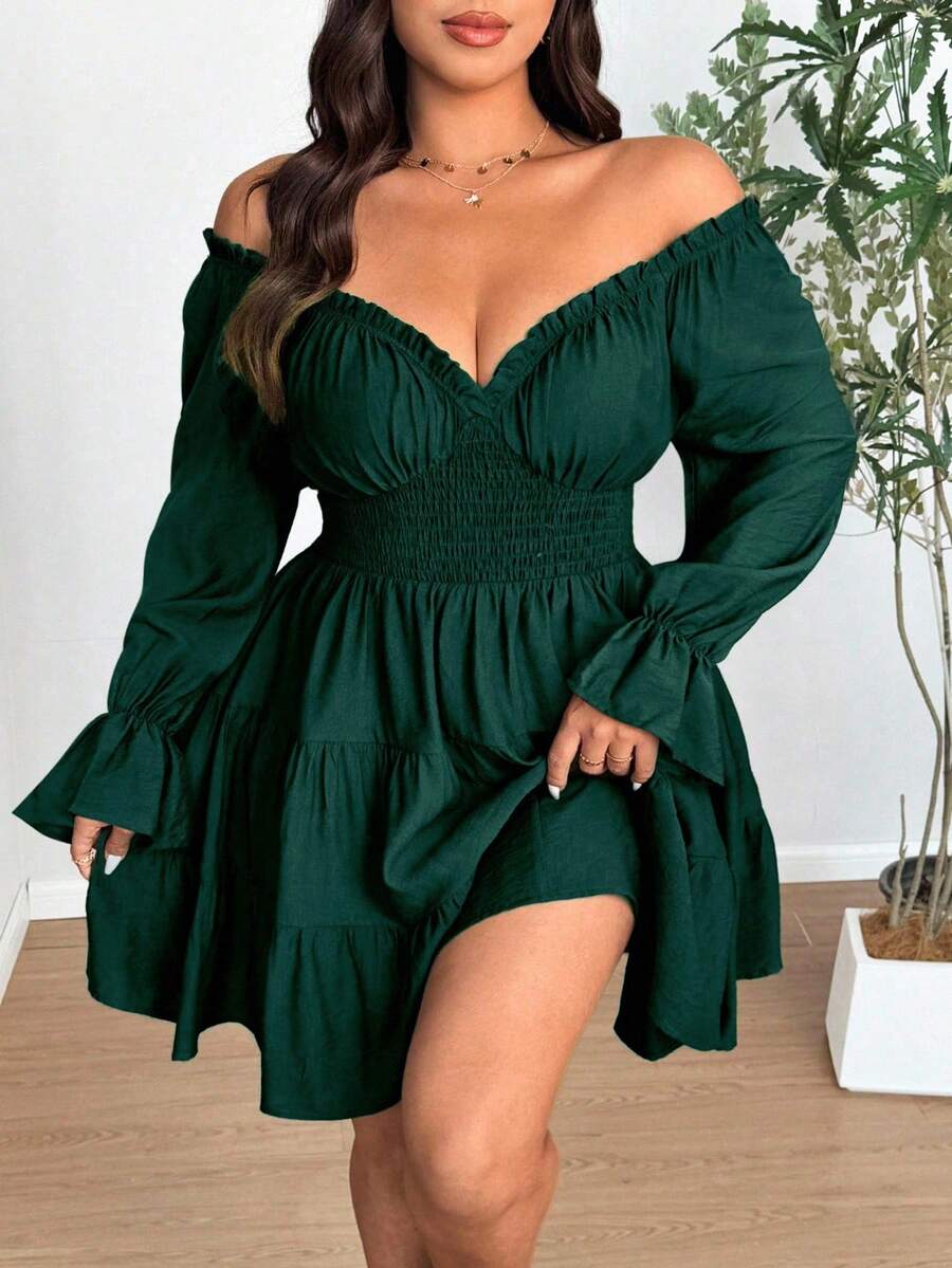 Vionelle Vestido de fiesta con mangas abullonadas, escote en V y ajuste ceñido para tallas grandes - Verde Oscuro - View 1