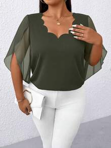 Rometta Plus Size Women Floral Lace Collar Chiffon See-Through Sleeve Blouse - Army Green - View 4