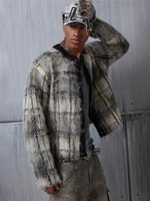 NEON BLANC Męski sweter kardigan z polaru w kratę, długi rękaw, otwarty przód, swobodny, jesień/zima, wełna