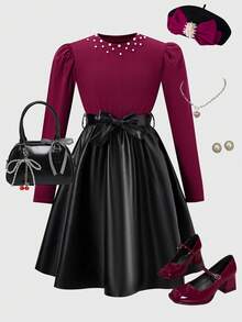 Vestido de cuero para niñas, cuello redondo, manga larga, textura acanalada + cuello con cuentas, estilo dulce de señorita, adecuado para otoño - Negro - Ver 3