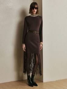 Arave Women's Slim Fit, Small High Collar, Cuffs With Beading Decoration, Hem With Tassel Stitching Design, Modern Party Long-Sleeved Sweater Dress,   Party Dress, Winter Clothes For Women - Chocolate Brown - View 3