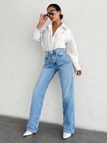 EURMUSE Petite 100%Cotton High Waist Wide Leg Jeans Jeans Wide Leg Cowgirl Jeans Jeans High Waist Jeans Y2k Western Jeans 2000s Style  Jeans For Womem - Light Wash - View 5