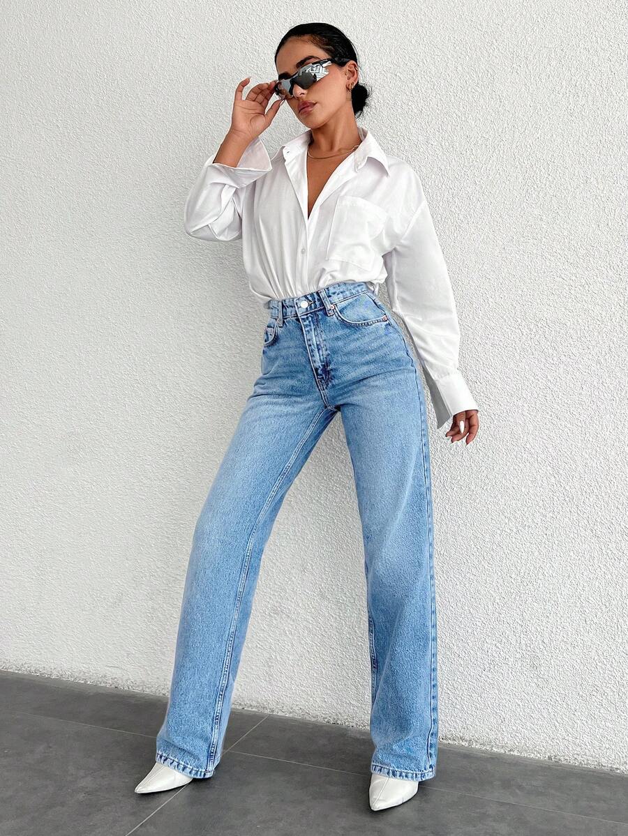 EURMUSE Petite 100%Cotton High Waist Wide Leg Jeans Jeans Wide Leg Cowgirl Jeans Jeans High Waist Jeans Y2k Western Jeans 2000s Style  Jeans For Womem - Light Wash - View 1