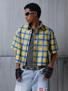 NEON BLANC Men's Short Sleeve Single-Breasted Yellow Spider Web Textured Rhinestone Embellished Shirt - Yellow - View 3