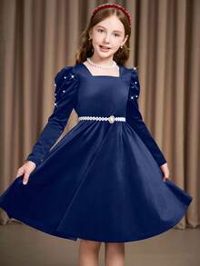 Tween GirlsBurgundy Solid Color Elegant Long Sleeve Dress - Navy Blue - View 2