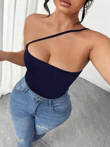 Elenzga Blusa ajustada y sexy sin mangas de unicolor para mujer de talla grande - Azul Marino - Ver 4